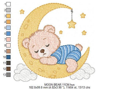 Sleeping Boy Bear with pajamas embroidery designs - Moon with stars machine embroidery pattern - Male Teddy bear - instant download pes jef