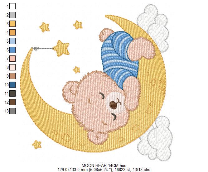 Sleeping Boy Bear with pajamas embroidery designs - Moon with stars machine embroidery pattern - Male Teddy bear - instant download pes jef