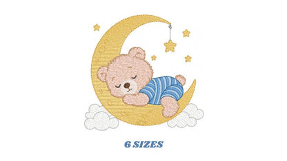 Sleeping Boy Bear with pajamas embroidery designs - Moon with stars machine embroidery pattern - Male Teddy bear - instant download pes jef
