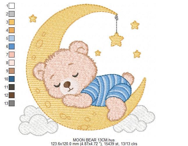 Sleeping Boy Bear with pajamas embroidery designs - Moon with stars machine embroidery pattern - Male Teddy bear - instant download pes jef