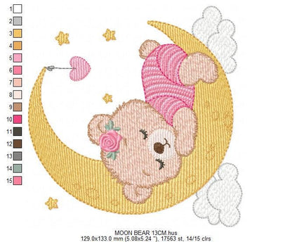 Sleeping Girl Bear with pajamas embroidery designs - Moon machine embroidery pattern - Female teddy bear - Instant digital download pes jef