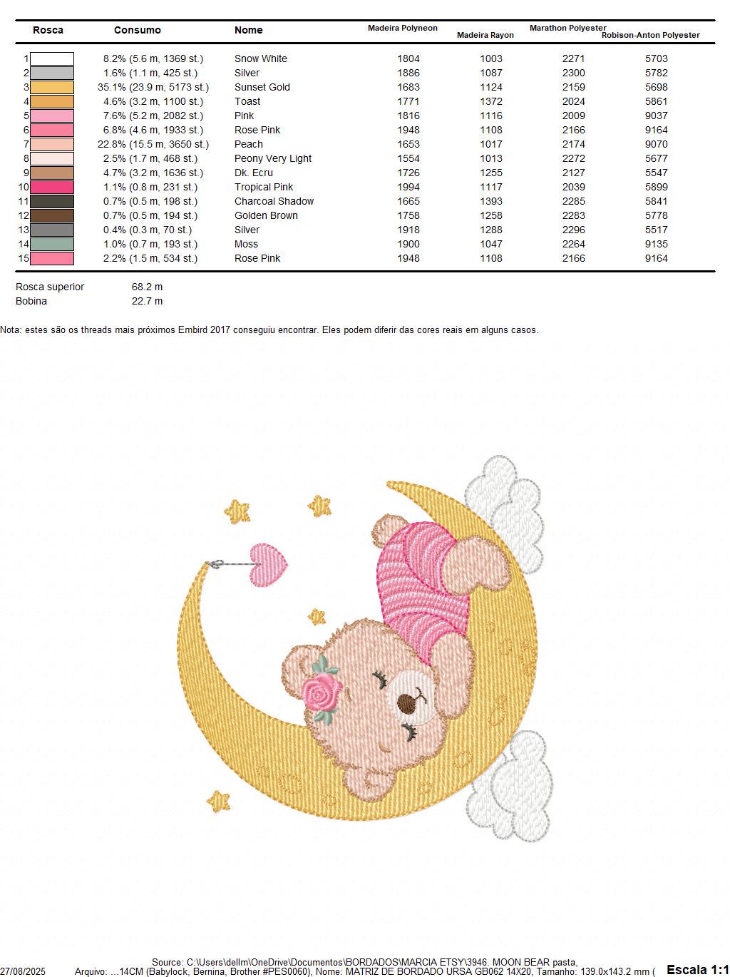 Sleeping Girl Bear with pajamas embroidery designs - Moon machine embroidery pattern - Female teddy bear - Instant digital download pes jef