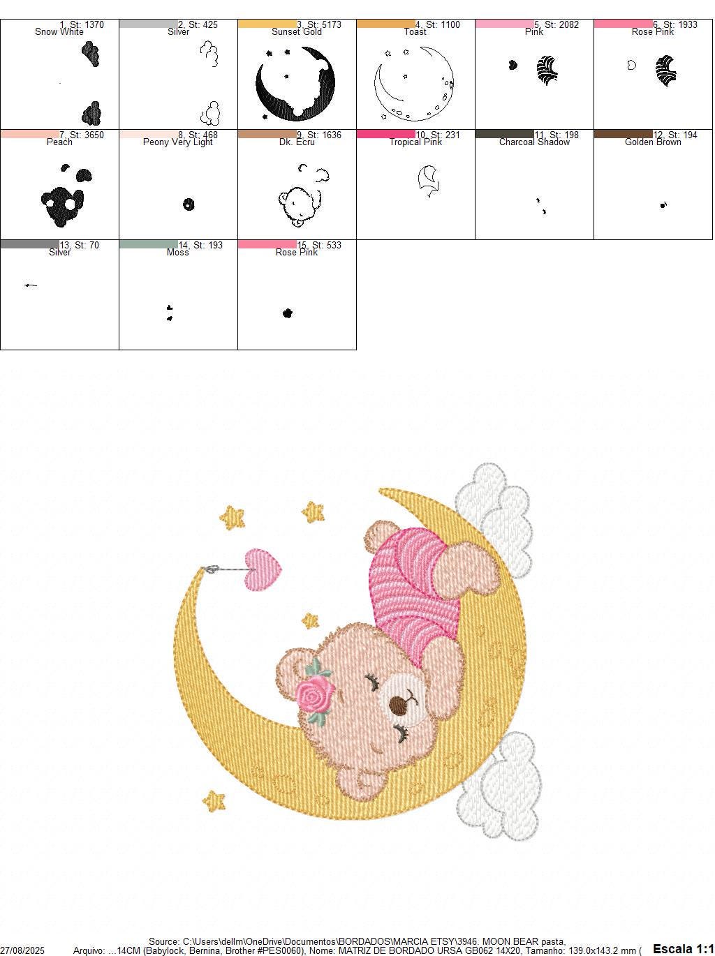 Sleeping Girl Bear with pajamas embroidery designs - Moon machine embroidery pattern - Female teddy bear - Instant digital download pes jef