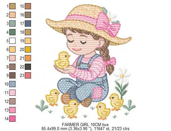 Girl Farmer embroidery designs - Farmer with hat and chicks machine embroidery pattern - Cowgirl ranch worker - Instant digital download pes