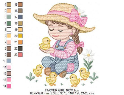 Girl Farmer embroidery designs - Farmer with hat and chicks machine embroidery pattern - Cowgirl ranch worker - Instant digital download pes