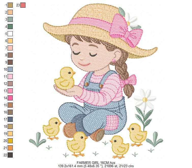 Girl Farmer embroidery designs - Farmer with hat and chicks machine embroidery pattern - Cowgirl ranch worker - Instant digital download pes