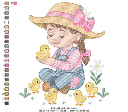 Girl Farmer embroidery designs - Farmer with hat and chicks machine embroidery pattern - Cowgirl ranch worker - Instant digital download pes