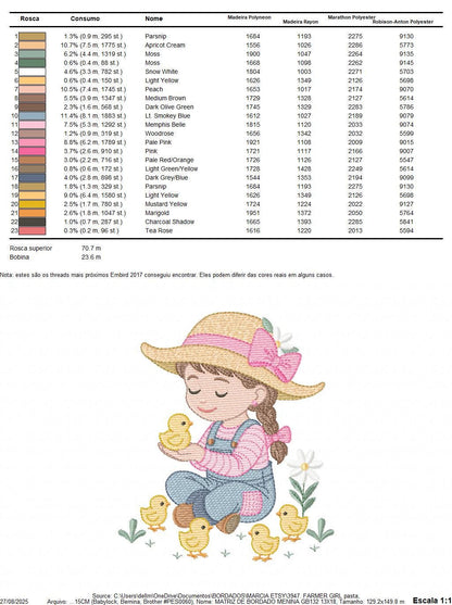 Girl Farmer embroidery designs - Farmer with hat and chicks machine embroidery pattern - Cowgirl ranch worker - Instant digital download pes