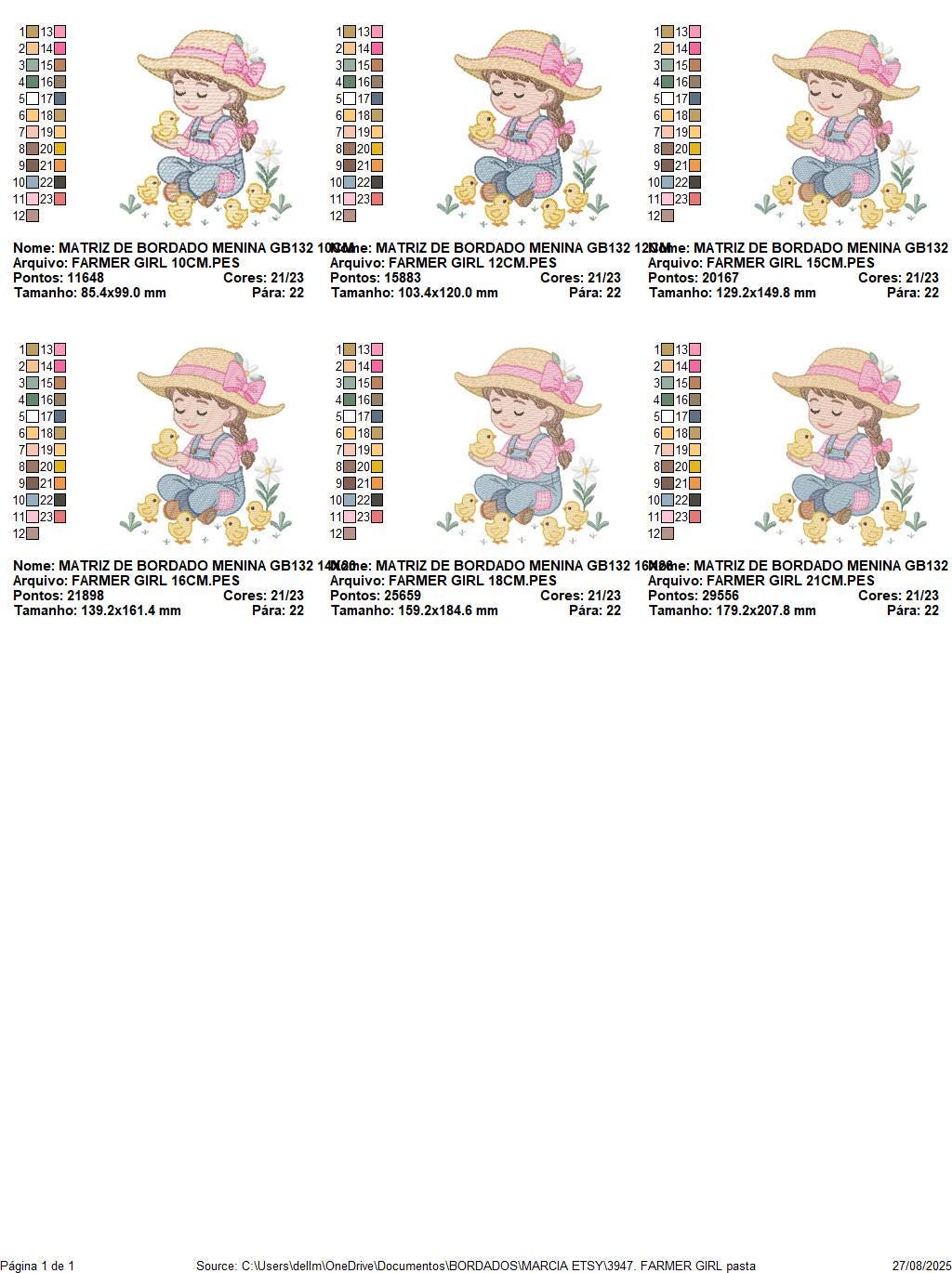 Girl Farmer embroidery designs - Farmer with hat and chicks machine embroidery pattern - Cowgirl ranch worker - Instant digital download pes