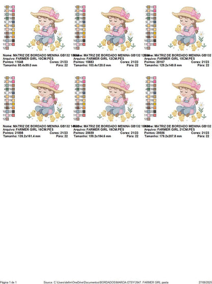 Girl Farmer embroidery designs - Farmer with hat and chicks machine embroidery pattern - Cowgirl ranch worker - Instant digital download pes