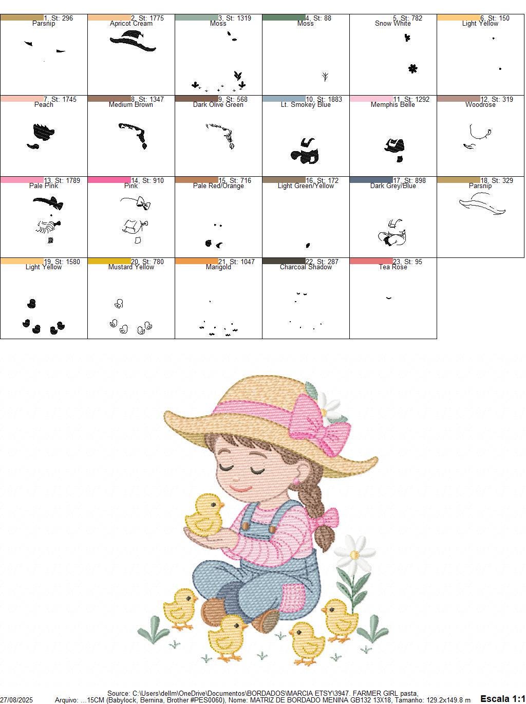Girl Farmer embroidery designs - Farmer with hat and chicks machine embroidery pattern - Cowgirl ranch worker - Instant digital download pes