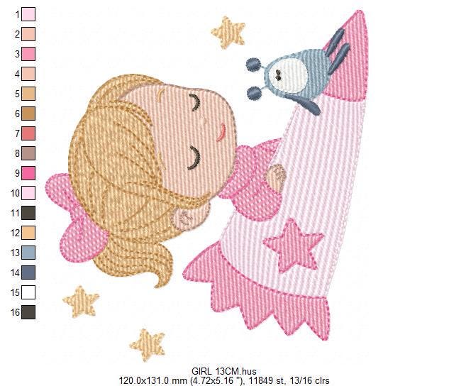 Baby girl with alien embroidery designs - Girl with long hair bun machine embroidery pattern - Princess with space rocket - Instant download