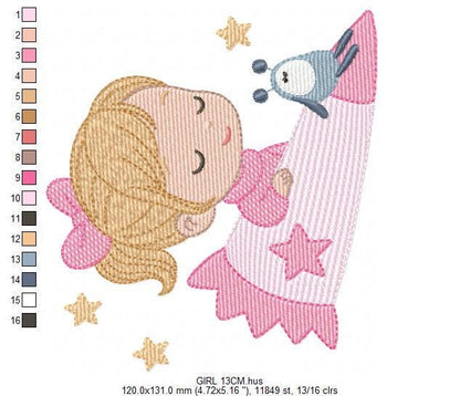 Baby girl with alien embroidery designs - Girl with long hair bun machine embroidery pattern - Princess with space rocket - Instant download