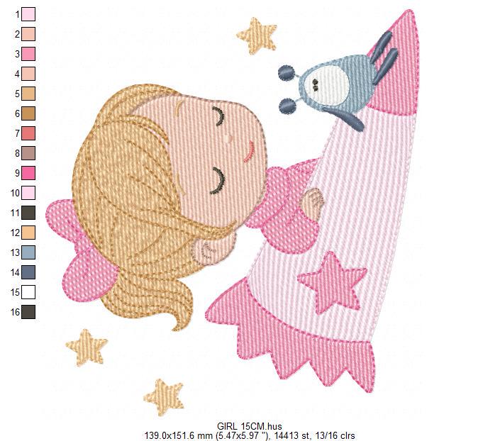 Baby girl with alien embroidery designs - Girl with long hair bun machine embroidery pattern - Princess with space rocket - Instant download