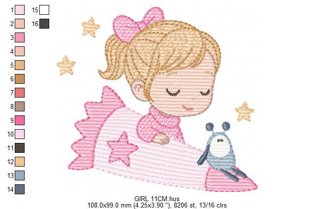Baby girl with alien embroidery designs - Girl with long hair bun machine embroidery pattern - Princess with space rocket - Instant download