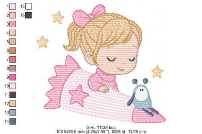 Baby girl with alien embroidery designs - Girl with long hair bun machine embroidery pattern - Princess with space rocket - Instant download