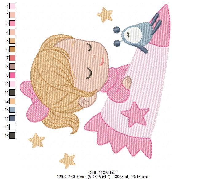 Baby girl with alien embroidery designs - Girl with long hair bun machine embroidery pattern - Princess with space rocket - Instant download