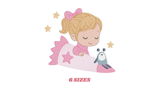 Baby girl with alien embroidery designs - Girl with long hair bun machine embroidery pattern - Princess with space rocket - Instant download