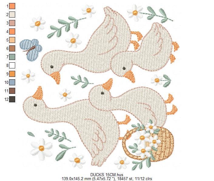 Goose Family embroidery designs - Ducks with flowers machine embroidery pattern - Farm ranch animals - Instant digital download pes jef dst
