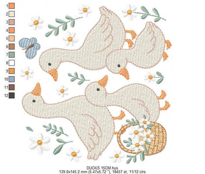 Goose Family embroidery designs - Ducks with flowers machine embroidery pattern - Farm ranch animals - Instant digital download pes jef dst