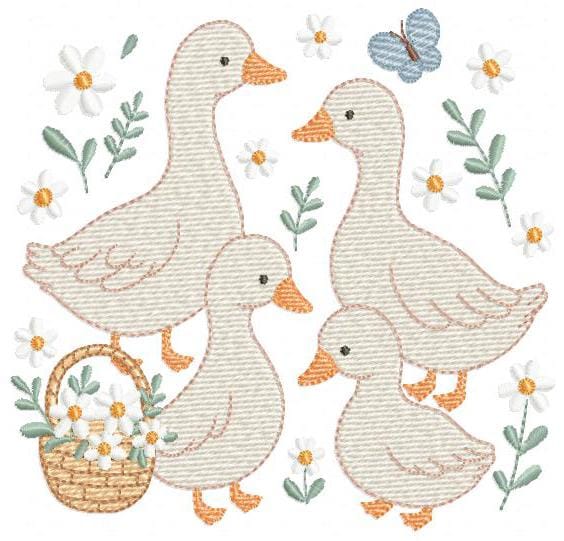 Goose Family embroidery designs - Ducks with flowers machine embroidery pattern - Farm ranch animals - Instant digital download pes jef dst