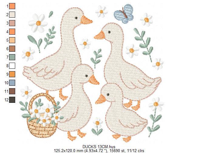 Goose Family embroidery designs - Ducks with flowers machine embroidery pattern - Farm ranch animals - Instant digital download pes jef dst
