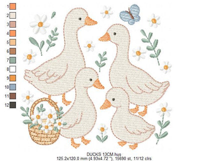 Goose Family embroidery designs - Ducks with flowers machine embroidery pattern - Farm ranch animals - Instant digital download pes jef dst