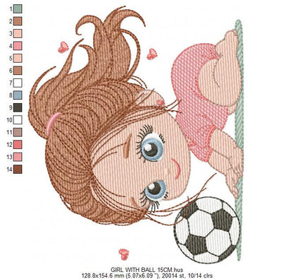 Soccer player embroidery designs - Baby Girl machine embroidery file - Girl with soccer ball file - Instant digital download pes jef dst hus