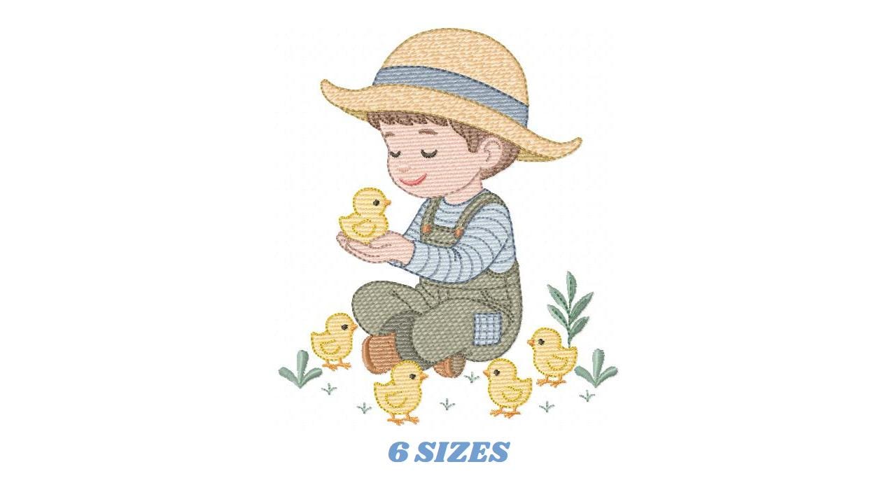 Baby Boy Farmer embroidery design - Cowboy with litte chicks machine embroidery pattern - Wrangler Ranch Horse Farm file - Instant download