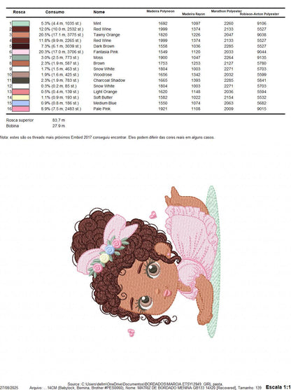Baby Girl with Black Curly Long Hair embroidery designs - Girl with lace and flowers machine embroidery pattern - Instant download pes jef