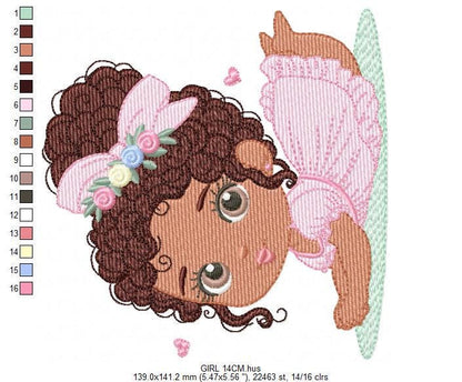 Baby Girl with Black Curly Long Hair embroidery designs - Girl with lace and flowers machine embroidery pattern - Instant download pes jef