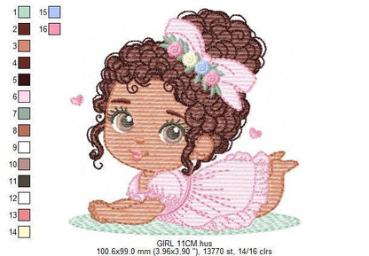 Baby Girl with Black Curly Long Hair embroidery designs - Girl with lace and flowers machine embroidery pattern - Instant download pes jef