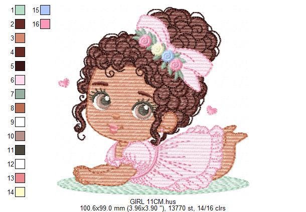 Baby Girl with Black Curly Long Hair embroidery designs - Girl with lace and flowers machine embroidery pattern - Instant download pes jef