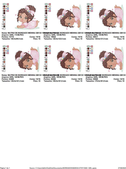 Baby Girl with Black Curly Long Hair embroidery designs - Girl with lace and flowers machine embroidery pattern - Instant download pes jef