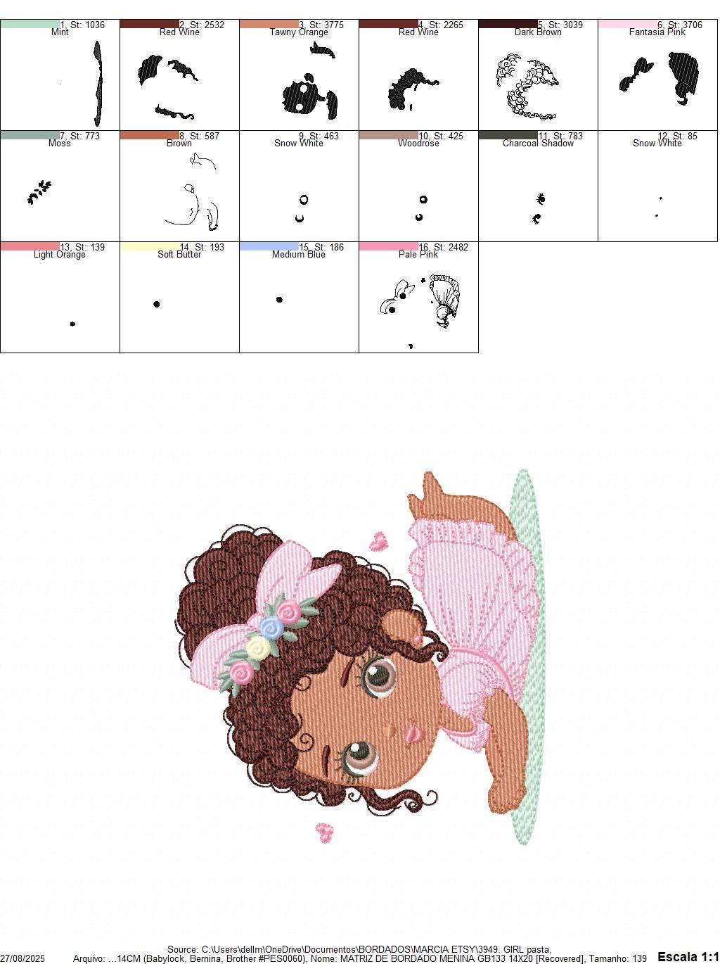 Baby Girl with Black Curly Long Hair embroidery designs - Girl with lace and flowers machine embroidery pattern - Instant download pes jef