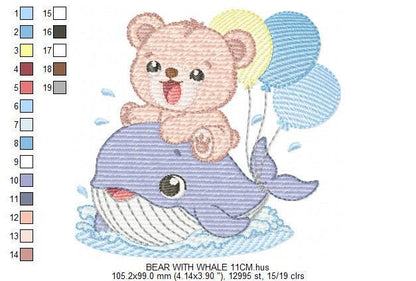 Bear with Whale embroidery designs - Ocean Animal with balloons machine embroidery pattern - Sea Life Baby Boy - Instant digital download