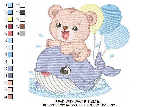 Bear with Whale embroidery designs - Ocean Animal with balloons machine embroidery pattern - Sea Life Baby Boy - Instant digital download