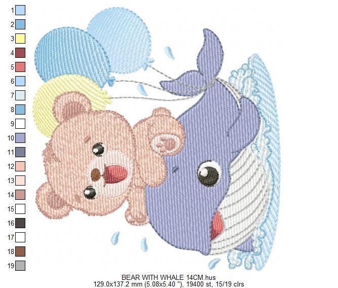 Bear with Whale embroidery designs - Ocean Animal with balloons machine embroidery pattern - Sea Life Baby Boy - Instant digital download