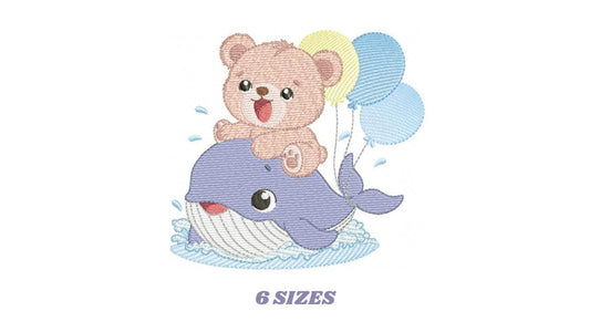 Bear with Whale embroidery designs - Ocean Animal with balloons machine embroidery pattern - Sea Life Baby Boy - Instant digital download
