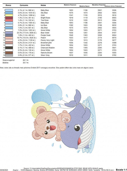 Bear with Whale embroidery designs - Ocean Animal with balloons machine embroidery pattern - Sea Life Baby Boy - Instant digital download