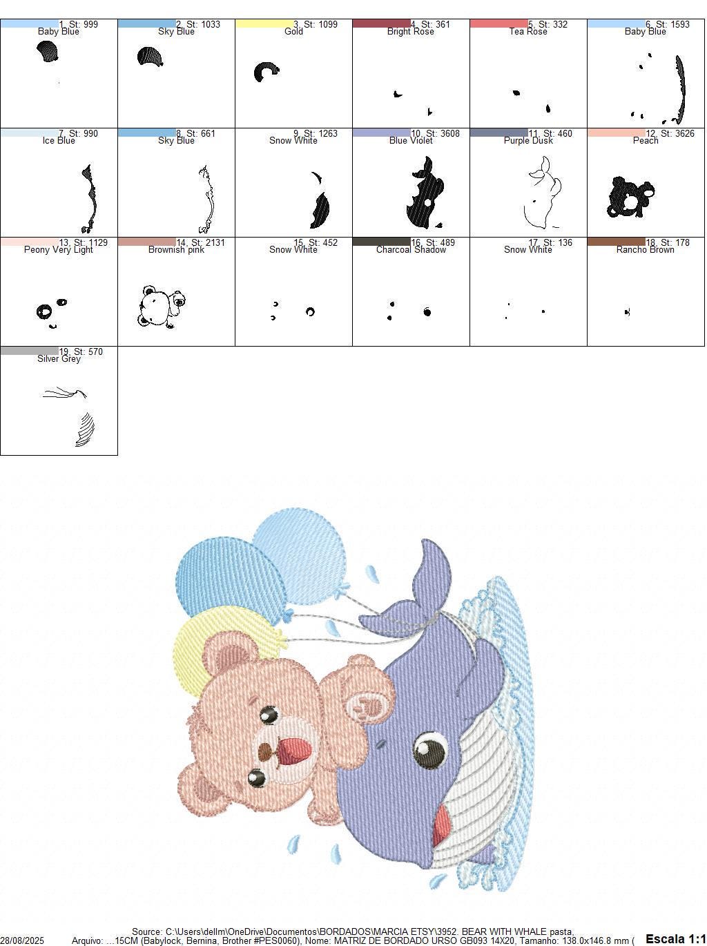 Bear with Whale embroidery designs - Ocean Animal with balloons machine embroidery pattern - Sea Life Baby Boy - Instant digital download