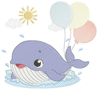 Whale embroidery designs - Ocean Animal Big Fish with balloons machine embroidery pattern - Sea Life Baby Boy - Instant digital download pes