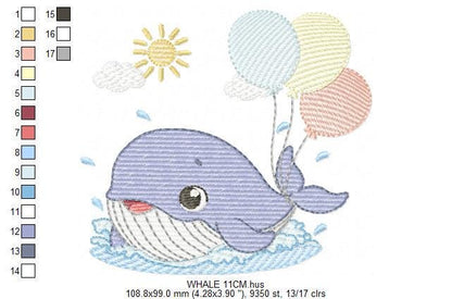 Whale embroidery designs - Ocean Animal Big Fish with balloons machine embroidery pattern - Sea Life Baby Boy - Instant digital download pes