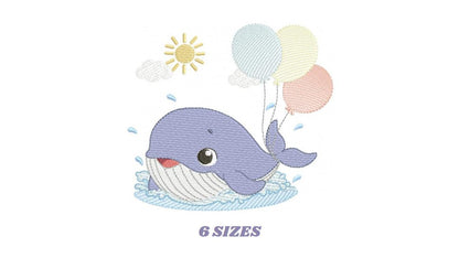 Whale embroidery designs - Ocean Animal Big Fish with balloons machine embroidery pattern - Sea Life Baby Boy - Instant digital download pes