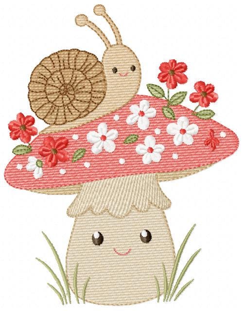 Snail and Mushroom embroidery designs - Red Toad with flowers machine embroidery pattern - Fantasy Magical Garden Forest - Instant download