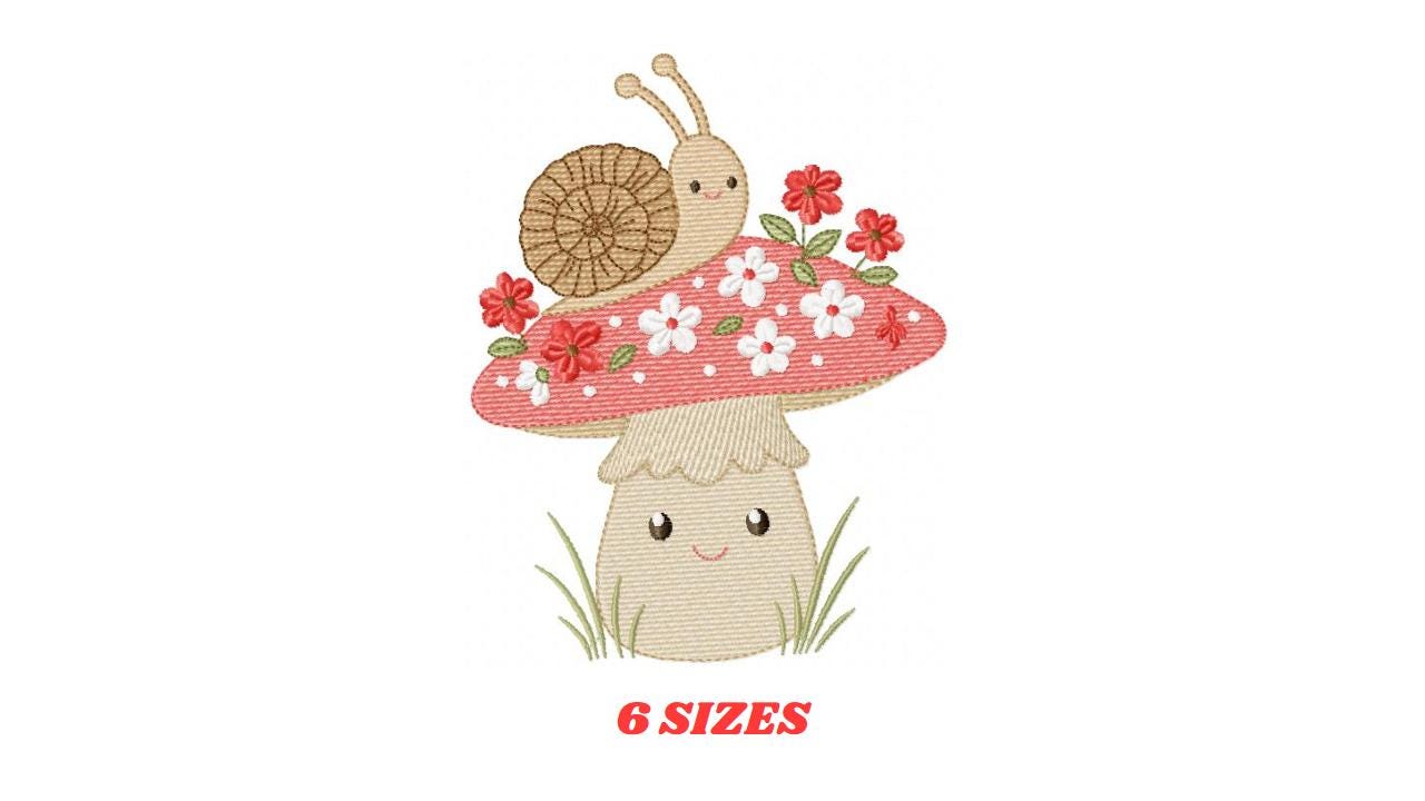 Snail and Mushroom embroidery designs - Red Toad with flowers machine embroidery pattern - Fantasy Magical Garden Forest - Instant download