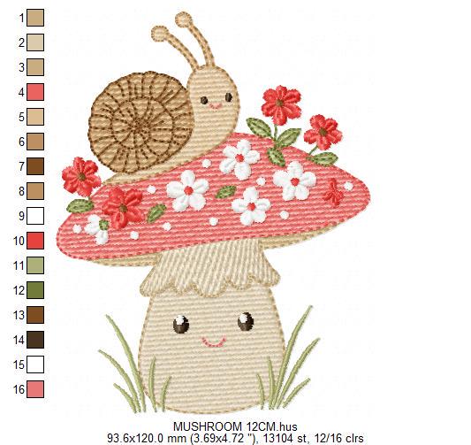 Snail and Mushroom embroidery designs - Red Toad with flowers machine embroidery pattern - Fantasy Magical Garden Forest - Instant download