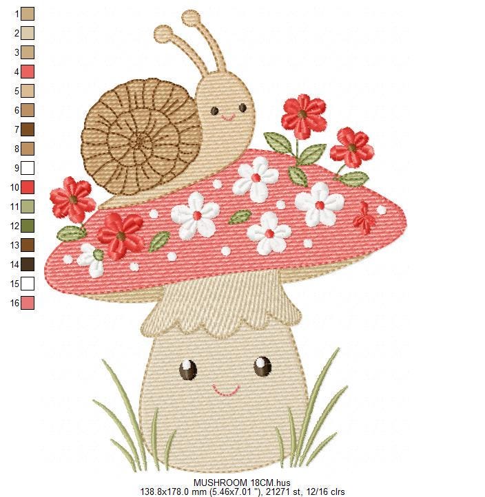 Snail and Mushroom embroidery designs - Red Toad with flowers machine embroidery pattern - Fantasy Magical Garden Forest - Instant download