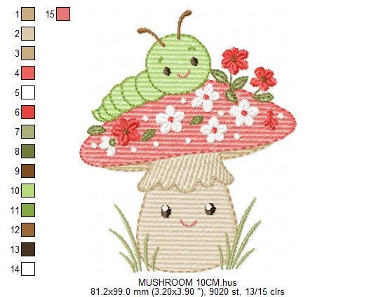 Caterpillar and Mushroom embroidery designs - Red Toad with flowers machine embroidery pattern - Magical Garden Forest - Instant download