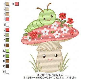Caterpillar and Mushroom embroidery designs - Red Toad with flowers machine embroidery pattern - Magical Garden Forest - Instant download